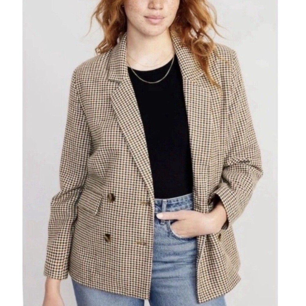 Old Navy Houndstooth Double Breasted Boyfriend Blazer Jacket Size 3X Plaid Check